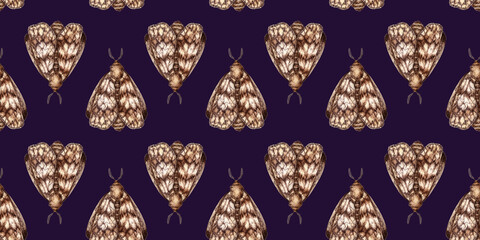 Gray-brown moth, with folded wings watercolor illustration. Insect Lepidoptera, isolated on blue. Pattern is ideal for textiles, wallpaper, wrapping paper.