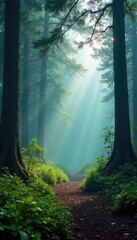 Obraz premium Serene mist hangs heavy in a lush, ancient forest, the air thick with the scent of damp earth and pine, each breath a communion with nature's tranquility , sunlight, mystical, fauna