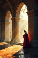 Naklejka premium Serene scene depicting a Benedictine monastery at prayer, bathed in the soft glow of morning light The architecture and peaceful atmosphere evoke spirituality and contemplation , faith, nature