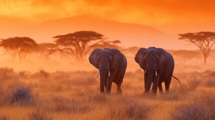 Obraz premium Two elephants move gracefully across the savanna, surrounded by tall grass as a striking sunset fills the sky with orange and purple shades, creating a serene atmosphere