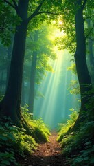 Serene, sun-dappled forest canopy viewed from below, sunlight filtering through leaves, creating a magical atmosphere Perfect for nature, fantasy, and environmental themes , canopy, shadow, calm