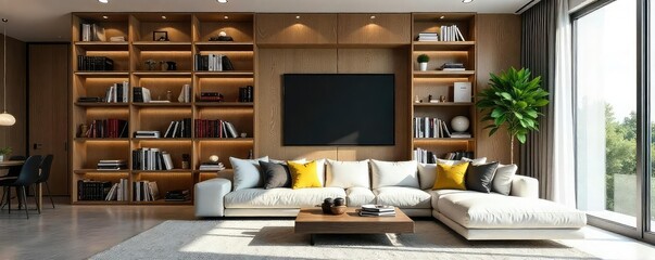 Stylish modern bookcase filled with colorful books and decorative objects, adding a touch of elegance to a minimalist living room Perfect for home decor inspiration , decoration, clean