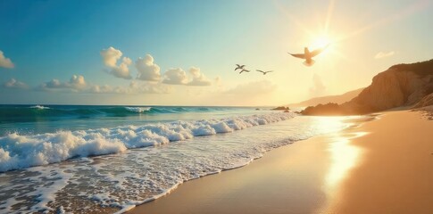 Sun-drenched coastal scene, waves gently lapping the shore, seagulls soaring overhead A perfect embodiment of serene seaside joy and tranquility , light, calm