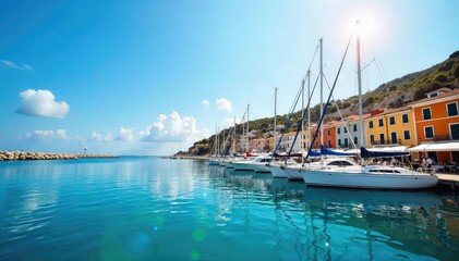 Sun-drenched harbor scene with moored sailboats, vibrant waterfront buildings, and clear blue sky Perfect for travel, nautical, summer, and coastal themes , ocean, vacation