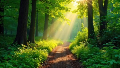 Sun-dappled forest path winding through lush greenery, sunlight filtering through leaves, creating a magical atmosphere Perfect for nature, travel, and environmental themes , spring, serene, trees