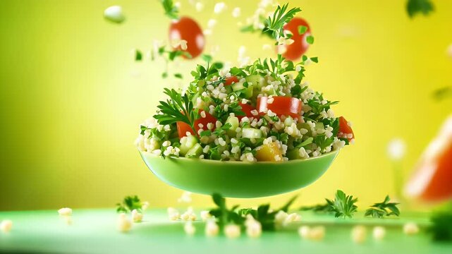 Fresh tabbouleh salad with ingredients falling in slow