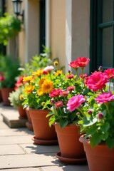 Vibrant blooming flowers in terracotta pots, adding a splash of color to a sunny patio Perfect for spring or summer garden scenes , earth tones, nature