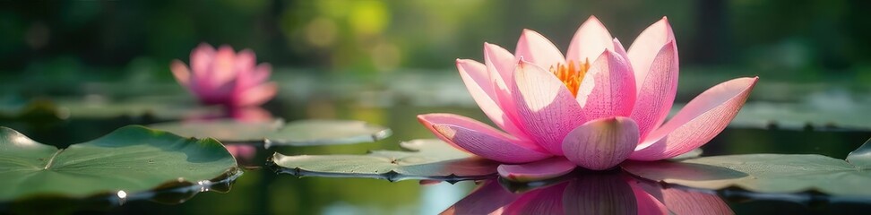 Vibrant pink and white water lilies blossom in a serene pond, sunlight dappling the water's surface Perfect for nature, tranquility, and summer themes , pond flower, plant, sunlight