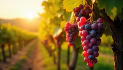 Sun-drenched bunches of ripe grapes hang heavy on the vine, ready for harvest A picturesque scene of autumn abundance in a vineyard Golden light bathes the landscape , vineyard, vines