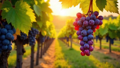 Obraz premium Sun-drenched bunches of ripe grapes hang heavy on the vine, ready for harvest A picturesque scene of autumn abundance in a vineyard Golden light bathes the landscape , fall, october, vines
