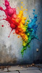 Vibrant watercolor splashes explode across a gritty urban wall, a stunning blend of fluid artistry and raw street style A captivating juxtaposition of nature and concrete , street art, color