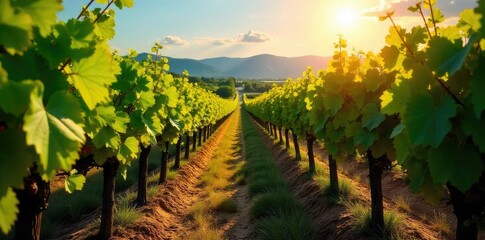 Naklejka premium Sun-drenched rows of grapevines stretching to the horizon, lush green foliage heavy with ripening fruit, a picturesque vineyard landscape at harvest time , nature, grapes on vine, idyllic