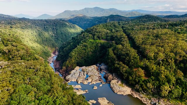 Barron Falls, Cairns, Queensland, Australia: Aerial Footage of Waterfalls, Rainforest, Skyrail Cableway, Scenic Lookout, Kuranda Train Station, and Lush Landscape in Barron Gorge National Park