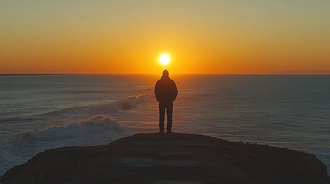 Person watches sunrise over ocean - Powered by Adobe