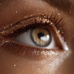 Eye with golden glitter makeup, close-up