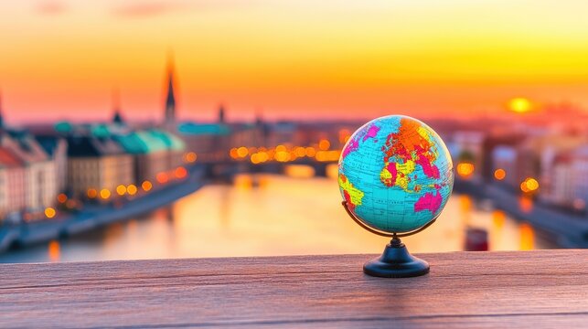 Globe atop wood, overlooking city lights at sunset, blurred background, warm golden tones