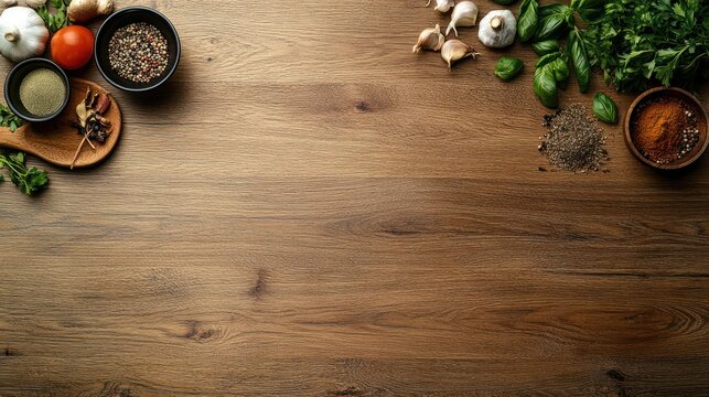 Overhead view of assorted spices and herbs on a dark wooden surface.  Various spices, herbs, garlic, and tomatoes are arranged around a large empty space in the center of a wood table