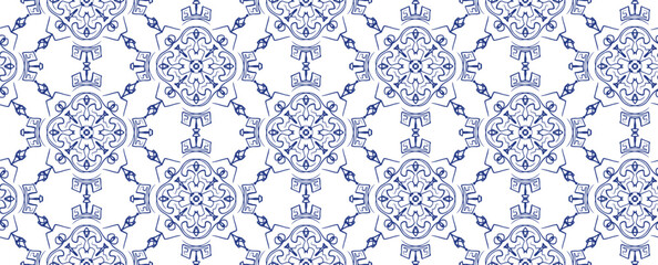 Abstract dark blue outline whimsical vector hand drawn seamless pattern with decorative knight shield motif. Ethnic doodle heraldic ornament for textile design, wrapping paper, traditional surface
