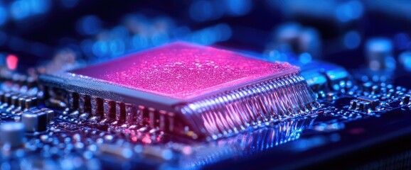 Close-up of a microchip with pink light, and blue circuits background