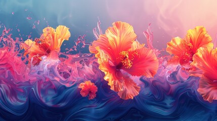 Vibrant hibiscus flowers in liquid motion