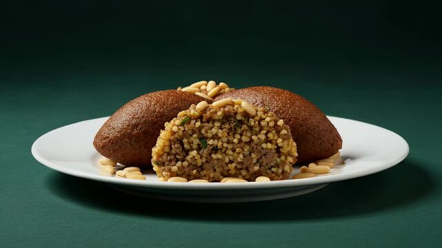 Kibbeh on a plate with pine nuts