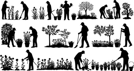 Gardening people set, spring -modern flat vector concept illustration of man doing hobby garden work -watering, planting, cutting, hoeing, arranging Spring gardening concept	