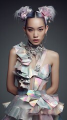 Fashion Portrait with Futuristic Holographic Dress