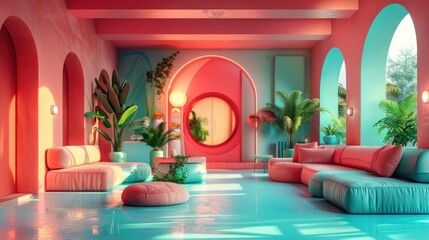 Vibrant, modern living room with tropical accents