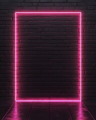 Pink Neon Frame on Dark Brick Wall
