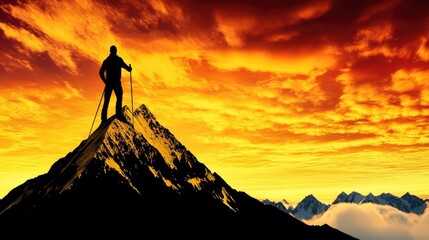 Silhouette on mountaintop.  Dramatic sunset sky. Conquering peaks. Inspiring scenery for adventure seekers