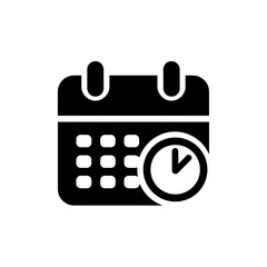 Simple black vector icon of a calendar with clock symbol for schedule and planning

