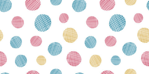 Bright fun colorful seamless pattern with doodle stripe textured yellow, blue and pink geometric circles. Playful kids print with round shapes for children textile design, wrapping paper, surface