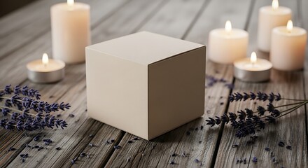 Calm and Serene A Cubic Mockup Box Design Surrounded by Candles and Lavender
