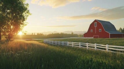 A picturesque sunset illuminates a red barn nestled in a verdant field, bordered by a white picket fence, with a large tree and distant mountains adding depth to the idyllic rural scene