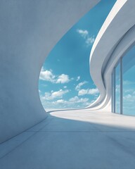 Obraz premium Curved Concrete Interior with Sky View and Glass Wall