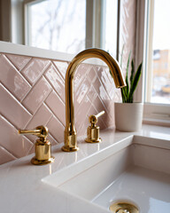 blush ceramic subway tiles arranged in herringbone pattern on bathroom wall, brass faucet fixtures