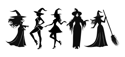 Set of beautiful witchy silhouettes, women witches