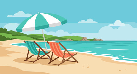 Fototapeta premium Two wooden deck chairs with striped cushions and a beach umbrella on a sandy beach with a turquoise sea and green hills