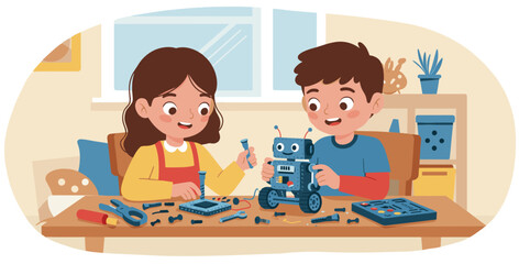 Two children building tech robot. Robotics learning concept. Colorful flat design illustration