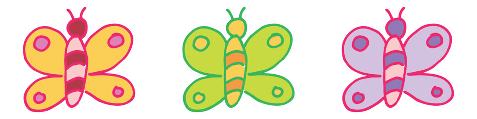 Butterfly Illustration made by children. With colorful doodle style.