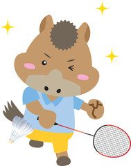 バドミントンに挑戦する馬のキャラクター（2026年・午年）