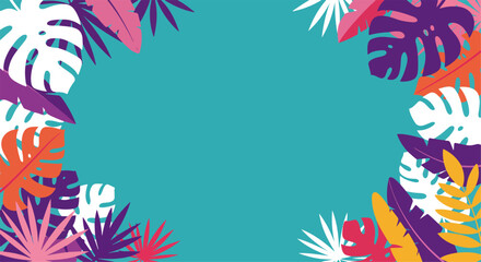 Fototapeta premium Tropical leaf border design on turquoise background