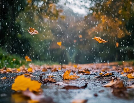 Photograph of a rainy autumn day with raindrops and falling leaves on the ground, taken with a telephoto lens in natural lighting. 