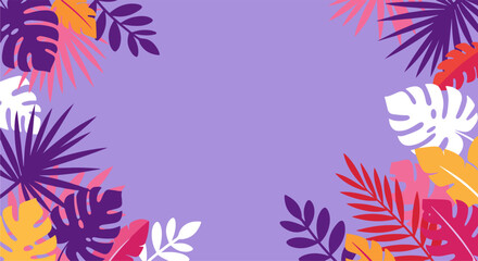 Tropical foliage arrangement with orange, yellow, pink, and purple leaves on a purple background