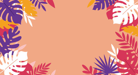 Vivid tropical leaves in blue, yellow, pink, and white on peach background