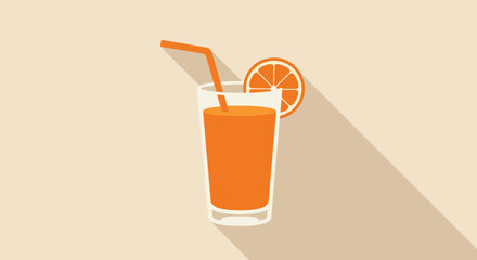 Glass of freshly squeezed orange juice with orange slice and straw on light beige background