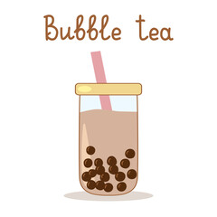 Bubble tea showing boba and pink straw in glass jar with yellow lid, with lettering