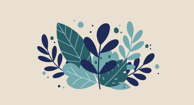 Abstract illustration of teal, dark blue, and light blue leaves and branches with textured background