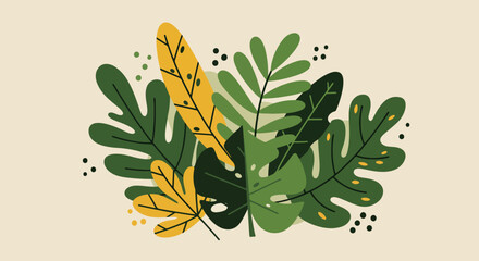 Diverse leaf illustration with vibrant greens and bold yellow accents