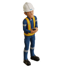 Isolate industrial worker is using the mobile phone on transparent background